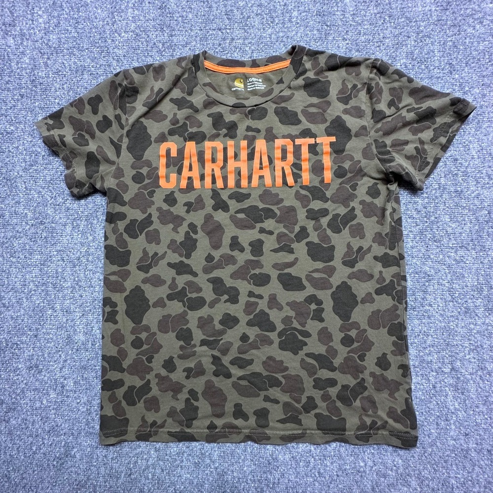 Carhartt Youth Large 14-16‎ Camo T-Shirt Green Brown Logo Tee Outdoor Hunting